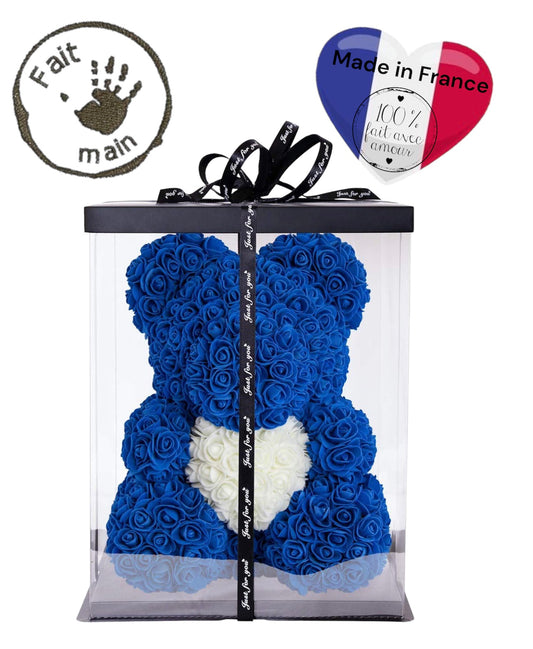 Ours en roses avec coeur 40 cm Bleu