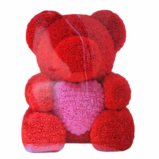 Ours en roses avec cœur 70 cm