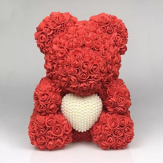 Ours en roses avec cœur perles 40 cm Rouge