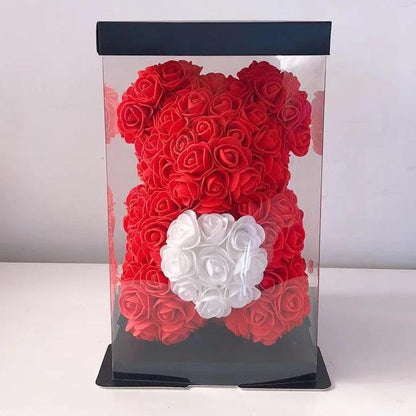 Ours en roses avec cœur 25 cm + Boîte 25 cm