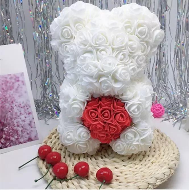 Ours en roses avec cœur 25 cm + Boîte 25 cm