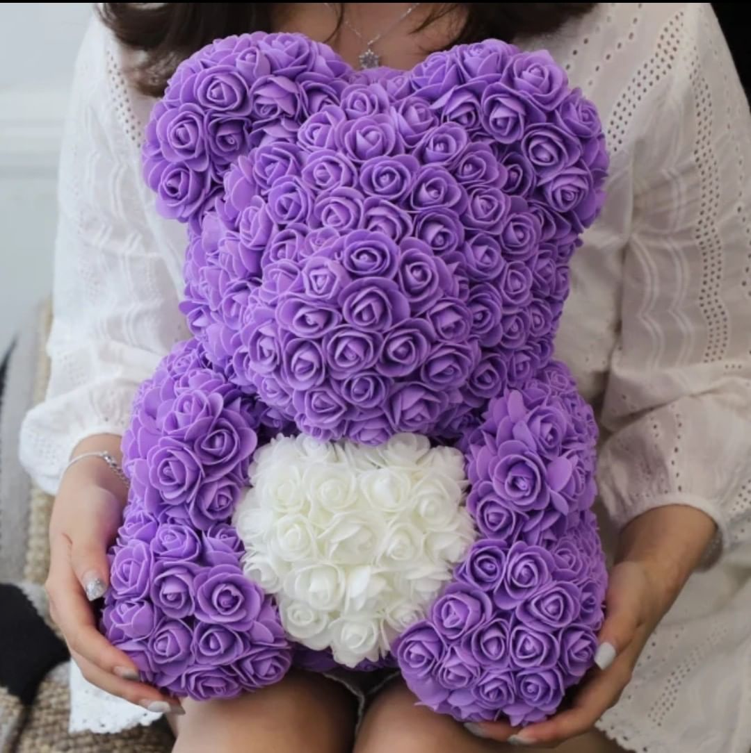 Ours en roses avec cœur Violet 40 cm