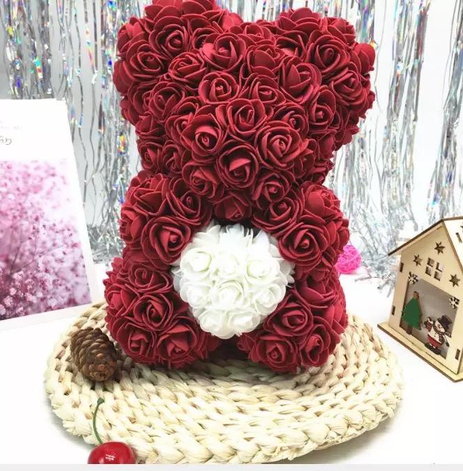 Ours en roses avec cœur 25 cm + Boîte 25 cm